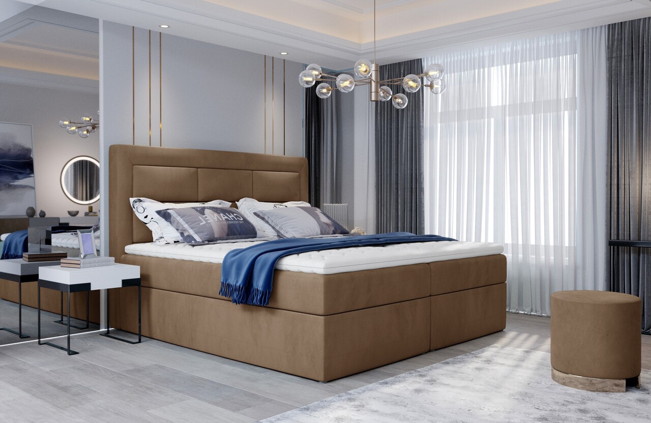 Pat tapitat cu lada depozitare, 180×200 cm, ELTAP, VIV-10-1.8, Vivre, lemn/poliester, maro deschis Saltele